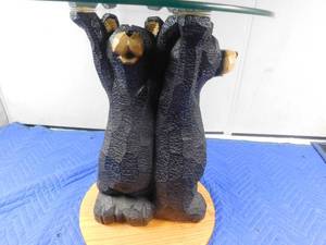 lot 214 image: Hand carved wood bear table with glass top and wood base