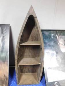 lot 218 image: Wood boat shelf, wolf & deer pictures, mirror, bears on canvas and more