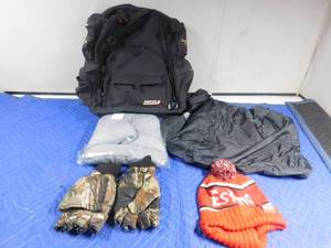 lot 229 image: Motorcycle Backpack with storage bag, glovemitts, new foot warmer and Eskimo hat