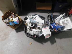 lot 260 image: 2 Totes and a box of plumbing supplies