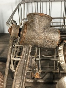 lot 498 image: Vintage Meat Grinders - Tractor Pedals & Heavy Duty Milk Crate