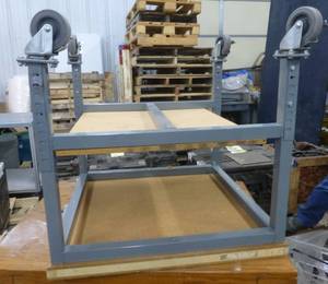 steel frame table with wood top on wheels 30x30x29