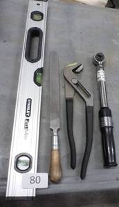 Stanley level, file, torque wrench and slip joint plier