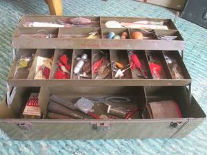 (R2) Vintage Metal Tackle Box with Assorted Vintage Fishing Tackle