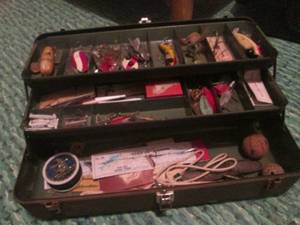 (R2) Vintage Metal Tackle Box with Assorted Vintage Fishing Tackle
