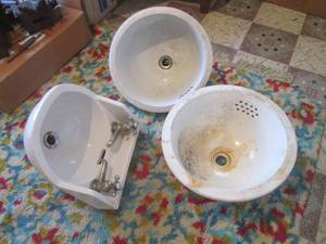 (R1) 3 Vintage Porcelain Sinks and Heavy Stone Vanity Top (Not Shown In Opening Picture)
