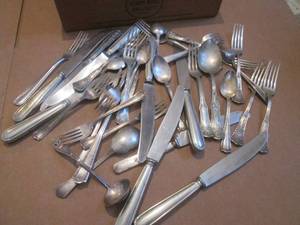 (R2) Assorted Vintage Silverware in Vintage Wood Eden Roc Brandy Box