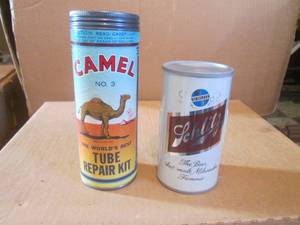 (R2) Vintage Schlitz Beer Can Radio and Camel No 3 Tube Repair Kit Container