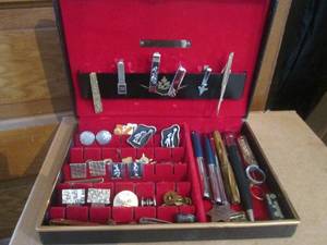 (R1) Small Jewelry Box with Asssorted Tie Clips, Pins, Cufflinks, Pens Etc