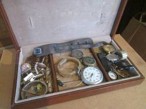 (R1) Small Jewelry Box with Asssorted Tie Clips, Cufflinks, Watches Etc