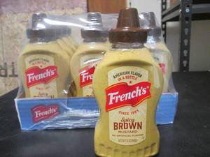 lot 25 image: Case 12 Frenchs Spicy Brown Mustard Squeeze Bottles 12oz Past Date