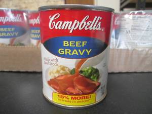 lot 26 image: Case 12 Cans Campbells Beef Gravy 13.8oz Cans Past Date