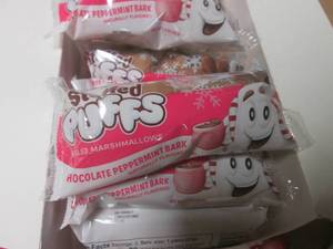 lot 29 image: Case of 48  2-Packs Stuffed Puffs Chocolate Peppermint Bark Filled Marshmallows 4 Inner Boxes of 12  2-Packs Past Date