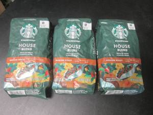 lot 72 image: 3 Bags Starbucks House Blend Medium Roast Whole Bean Coffee 12oz Bags Past Date