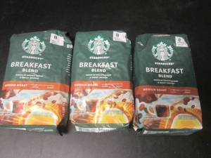 lot 75 image: 3 Bags Starbucks Breakfast Blend Medium Roast Whole Bean Coffee 12oz Bags Past Date