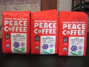 lot 77 image: 3 Bags Organic Decaf Morning Glory Peace Coffee Light Roast Ground Coffee 12oz Bags Past Date