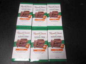 lot 128 image: 6 Russell Stover Sugar Free Caramel Filled Chocolate Bars Past Date