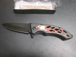 lot 222 image: Eagle Head  Flames Design Spring Assist Folding Knife with Belt Clip - 8 18 Open  4 34 Closed - New In Box