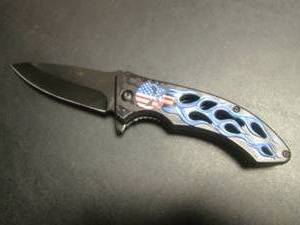 lot 225 image: RWB Skull  Flames Design Spring Assist Folding Knife with Belt Clip - 8 18 Open  4 34 Closed - New In Box