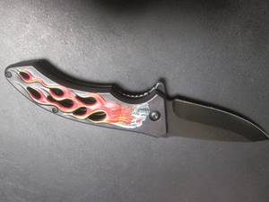 lot 226 image: Skull  Flames Design Spring Assist Folding Knife with Belt Clip - 8 18 Open  4 34 Closed - New In Box