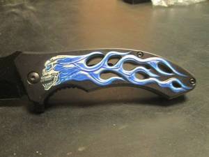 lot 228 image: Skull  Flames Design Spring Assist Folding Knife with Belt Clip - 8 18 Open  4 34 Closed - New In Box