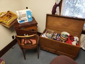 lot 57 image: Brother Sewing Machine, Stand, Wood Cabinet of Supplies
