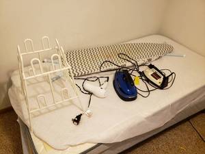 lot 131 image: Ironing Board, Irons, Hair Dryer, Rack