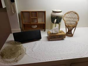 lot 139 image: Small Wicker Chair, Shelves, Kleenex Box, Decorative Water Jar
