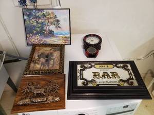 lot 142 image: Personalized Bar Mirror, Clock, Elephant Picture etc