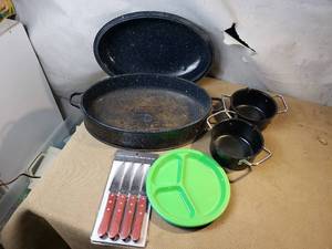 Roaster, Pans, Plastic Plates, Steak Knives
