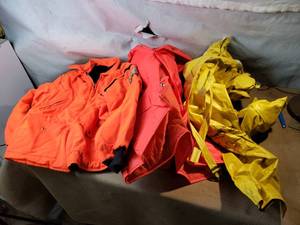 Orange Coat, Yellow Rain Gear Overalls