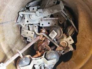 Bucket of Hinges, Clamps and Misc Parts