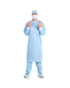 lot 13 image: MSRP $3000  1 GaylordCase (576eacs) Halyard 72878 EVOLUTION 4 Non-Reinforced Surgical Gown with Set-In Sleeves - Adjustable Neckline with Yellow Neck Binding, Hook and Loop - Size Large