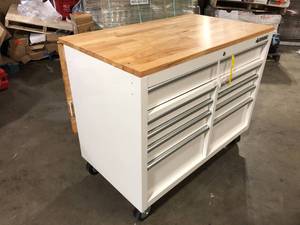 Husky Tool Storage 46 in. W Standard Duty Gloss White Mobile Workbench Cabinet with Solid Top Full Length Extension Table dent presentCustomer Returns See Pictures