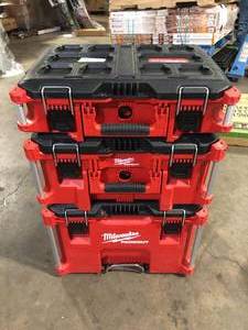 lot 7 image: Milwaukee PACKOUT 22 in. Rolling Tool Box, 22 in. Large Tool Box and 22 in. Medium Tool Box  Customer Returns See Pictures