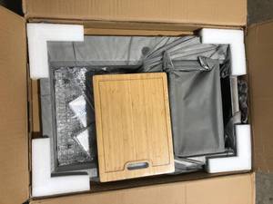 lot 16 image: Glacier Bay Professional 33 in. Zero Radius Double Bowl Drop-In Workstation Stainless Steel Kitchen Sink with Accessories  Customer Returns See Pictures