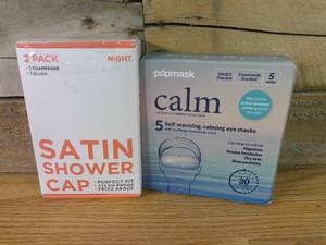 lot 113 image: Set of Satin Shower Caps and Calming Eye Masks