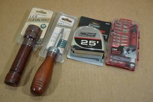 lot 180 image: 15-Piece Precision Knife Set, 25 Tape Measure, Screwdriver and Flashlight