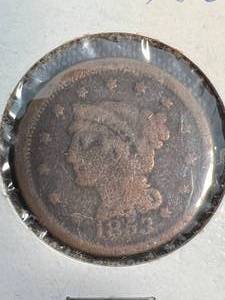 lot 37 image: 1853 US BRAIDED HAIR LARGE CENT