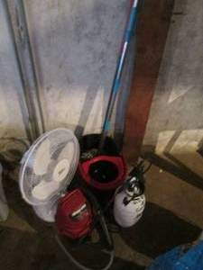 lot 123 image: Spin mop, oscillating fan, 1-gallon shop vac and chemical sprayer