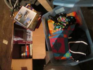lot 139 image: Box of Danielle & other author novels from along with other books and reading materials plus a covered tote with beach towels and suits