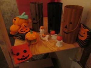 lot 142 image: Trio of tall metal pumpkin pails and other Halloween type decor