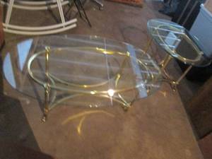 lot 88 image: Brass tone metal framed coffee and side tables with oval glass tops