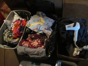 lot 100 image: 2 totes plus a box full of assorted clothing, shoes and more