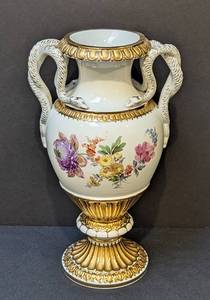 lot 3 image: Meissen Snake Handled Floral Porcelain Vase