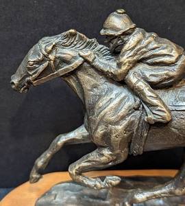 lot 77 image: Miniature Bronze Racing Horse and Jockey Sculpture