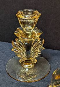 lot 80 image: Vintage Art Deco Amber Glass Vase, Bowl and Candleholders