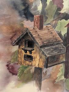 lot 82 image: Framed Birdhouse Watercolor Print by Mike Casper