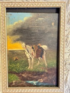 lot 25 image: Small Vintage Framed Oil on Board Painting of a Horse