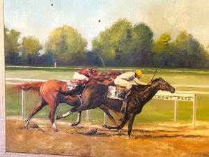 lot 49 image: Framed Original Oil on Board Horse Racing Painting